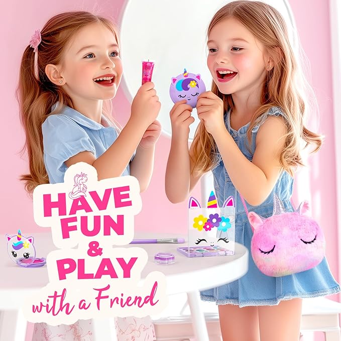 ULOVEME Kids Real Makeup Kit for Girls with Fluffy Purse - Real, Non Toxic, Washable Make Up Toy - Umicorn Toys Gift for 3 4 5 6 7 8 Years Old Girls Birthday