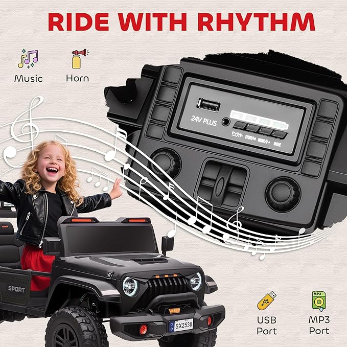 Qaba 24V 2-Seater Kids Ride on Truck Car, 44-50" L Adjustable 4WD Electric Car, 5 MPH Max Speed, Remote Control, Spring Suspension, Storage and LED Lights for Kids Ages 37-95 Months, Black