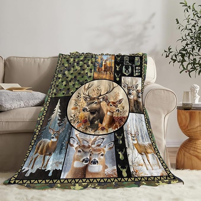 Deer Blanket Ultra Soft Cozy Camo Throw - Fleece Fuzzy Plush Hunting Lovers Decor Gifts for Women Girls Adults - Couch Sofa 60"x50"