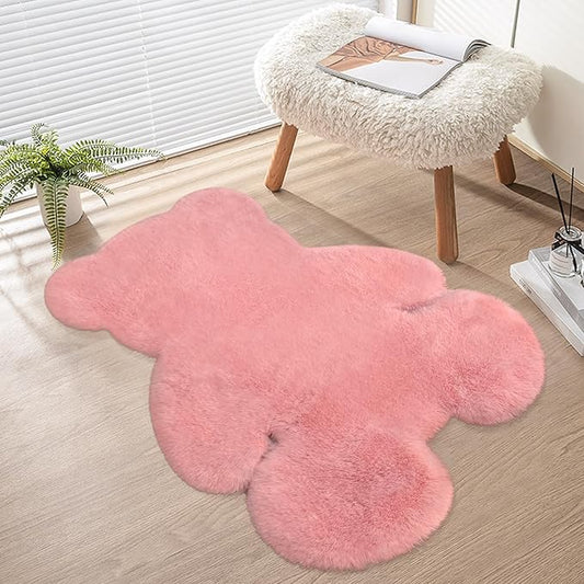 2.5x3.4 ft Pink Small Bear Soft Fluffy Rug, Shag Faux Sheepskin Fur Rug Fuzzy Shaggy Area Rug Cute Plush Carpet for Nursery Kids Girls Bedroom Room Aesthetic Living Room Floor Home Decor, Pink