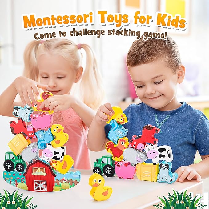 Montessori Toys for Kids 3-7 Wooden Farm Animal Blocks Stacking Games Educational Toy for 3 4 5 6 Year Old Girls Boys Christmas Birthday Gifts for Grandkids Toddler Balance Game Girls Age 3-5