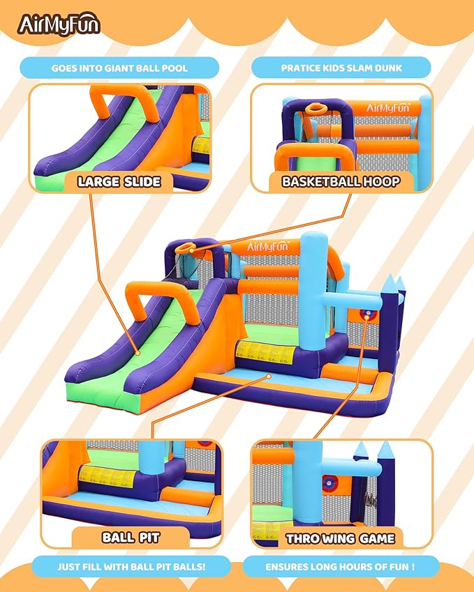 AirMyFun Inflatable Water Slide Bounce House with Long Curved Slide for Kids with Blower, Family Backyard Bouncy Castle with Fun Doorway Tunnel, Climbing Wall and Ball Shooting (High End)