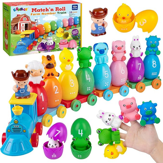 Toddler Learning Toys for 1 2 3 Years Old, Count Matching & Sorting Montessori Farm Train Set with 8 Farm Animals & 1 Farmer Finger Puppets, Christmas Easter Birthday Gift for Baby Boys Girls