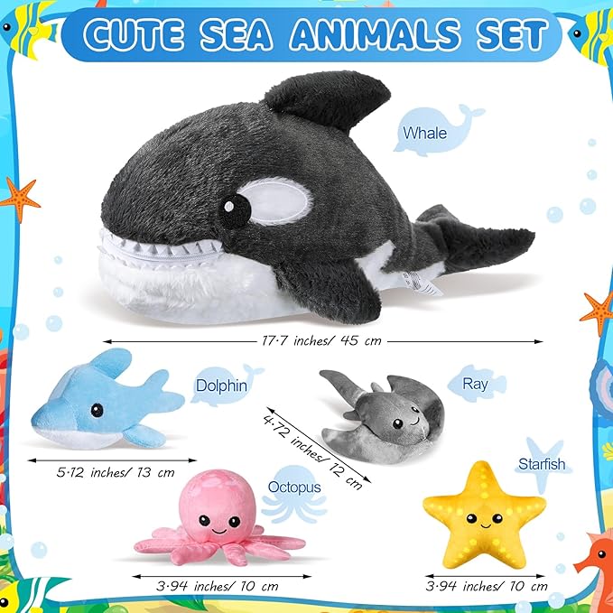 Syhood 5 Pieces Sea Stuffed Animals Plush Set Include 1 Large Whale Plush Doll with Small Starfish Dolphin Octopus Ray Stuffed Toy for Huggable Sleeping Holiday Birthday Gifts