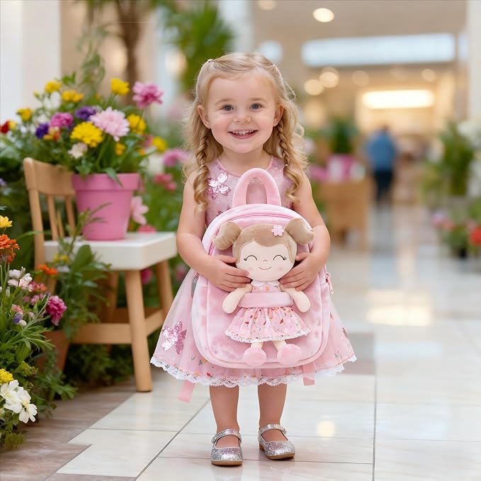 Gloveleya Kids Backpacks Girls Backpack Plush Bags Diaper Bag Backpack with Floral Doll Pink