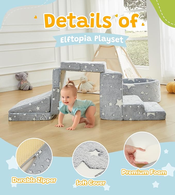 Foam Climbing Blocks with Ball Pit & Stairs for Toddlers Aged 1-3 -Soft Playset for Indoor Crawling, Foam Playground Set for Baby to Active Playing Inside -(Balls NOT Included),Stars