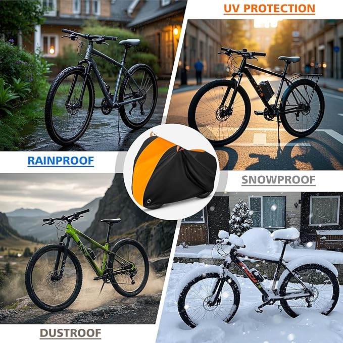 Bike Cover, Bicycle Cover Outdoor Waterproof Storage All Weather Dustproof Rainproof Sunproof Windproof for Mountain Road Bike/Electric Bike (Black Orange)