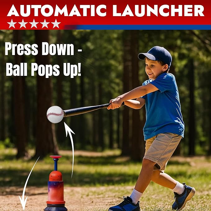 3-in-1 Baseball Set for Kids and Toddlers Ages 3-5 – Includes Tee Ball Stand, Hanging Tee, Automatic Ball Launcher, and 6 Softballs – Adjustable Height for Indoor/Outdoor Play – Sports Gift for Boys