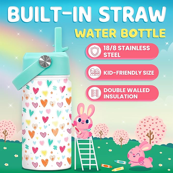 Kids Water Bottle with Straw Lid - Insulated 12 Oz Stainless Steel Water Bottles for Girls - Heart Water Bottle Travel Cup for School Sports