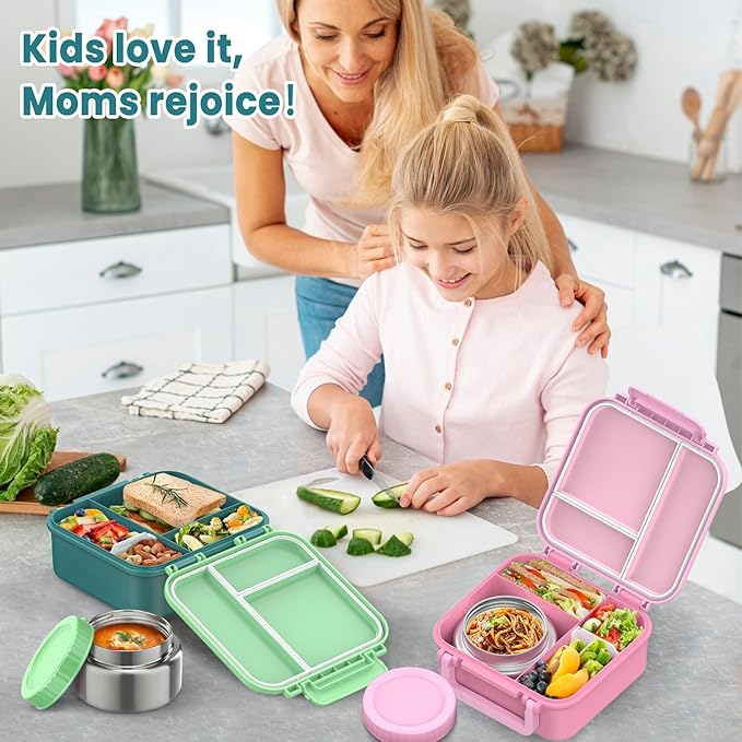 Bento Lunch Box for Kids with 9oz Thermo, Leak-proof Lunch Containers with 3 Compartments,Kids-friendly Size,Durable/Dishwasher Safe Lunch Box for School Outdoors-Green