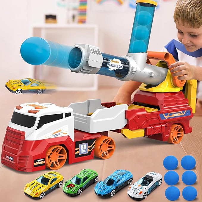 Dwi Dowellin Truck Toys for Kids, 28" Large Car Toys Include 4 Racing Cars+6 Ball, with Light & Sounds, Eejection&Shooting Transport Cars Toy, Gifts for Boys Girls-RED
