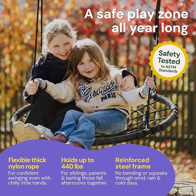 PLAYVIBE Spider Web Tree Swing - 40-Inch Black Saucer - 440 lb Capacity & 900D Oxford Waterproof Fabric - Heavy-Duty Steel Frame & Hanging Straps - Outdoor Swing Set Accessories - for Toddlers