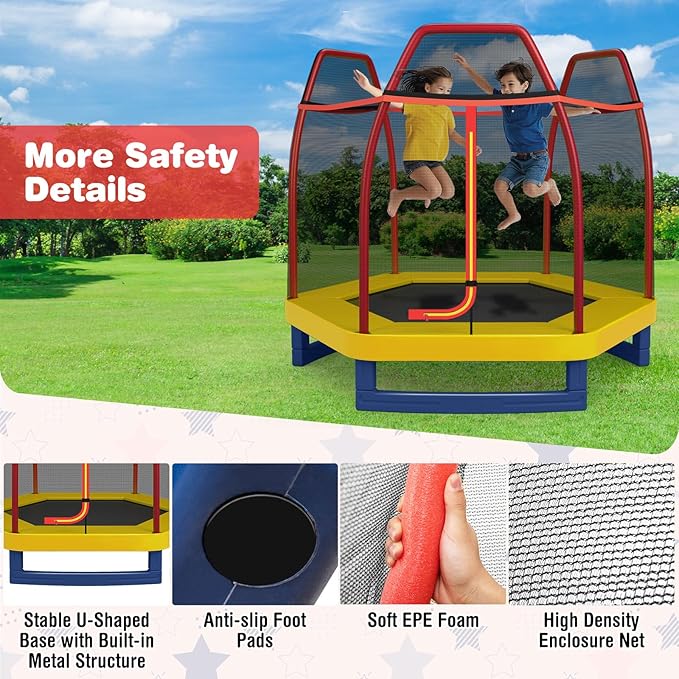 GYMAX Trampoline for Kids, 7FT Toddler Trampoline with Safety Enclosure Net & Seamless Spring Pad, Heavy Duty Small Indoor/Outdoor Trampoline for Boys, Girls Age 3+