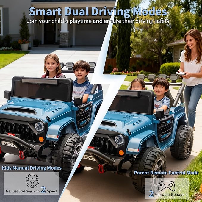 24V Ride on Toys for Kids, 2 Seater Electric Ride on Car w/Remote Control, 4 Powerful Motors, 4WD/2WD, 3 Speeds, Led Lights, Bluetooth, Ride on Truck for Kids Toddler, Lake Blue