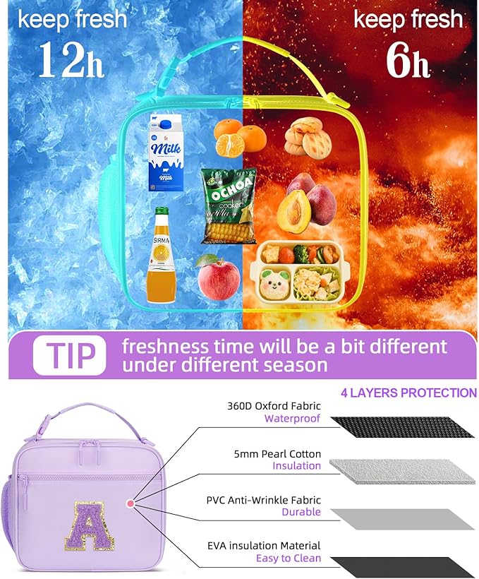 Kids Initial Lunch Bag, Reusable Insulated Lunch Box for Girls Toddlers, Back to School Gift, Leak-proof Cooler Bag for School Daycare Travel Picnic, Purple-A