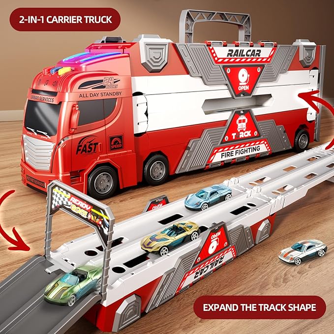 65-Inch Race Car Tracks and 20 Car Toys for Toddlers Boys Kids 1-3 4-7, Toy Trucks for Toddler 2 3 4 5 6 7 8 Years Old with Lights Sounds, Carrier Truck Toys Gift for Boys Girls Kids
