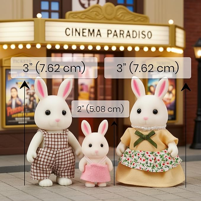 Family White Rabbit Figures — Set of 3 Collectible Flocked Mini Dolls with Removable Clothes, Miniature Dollhouse Pretend Play Figures for Kids Ages 3+