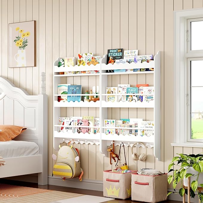 Treocho Kids Bookshelf, 3-Tier Wall Mounted Book Shelf, Kids Bookshelf and Toy Storage for Living Room, Bedroom and Nursery, White