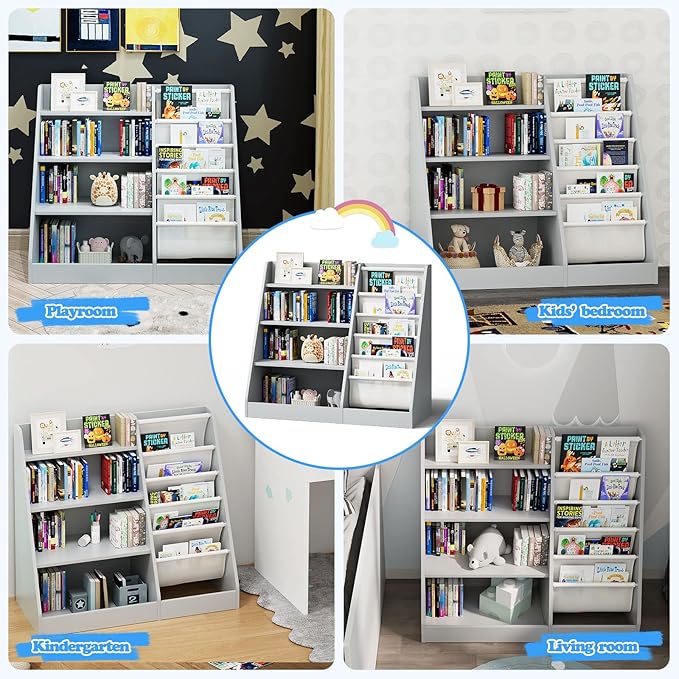 Gray 4 Tier Kids Wooden Bookshelf,Five Layer Sling Toddler Front Facing Bookcase,Baby Kids Storage Book Rack,Book and Toy Organizer Cabinet,Child Book Display Playroom Nursery Bedroom