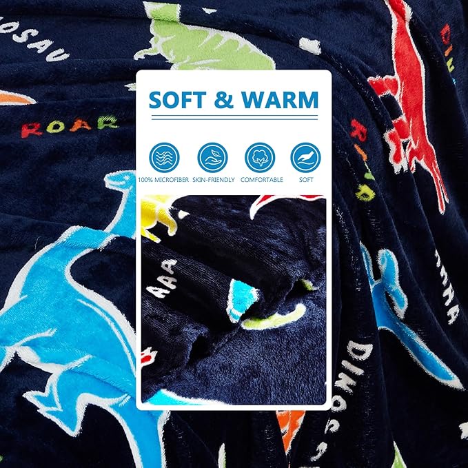 Dinosaur Gifts Toys for Boys Girls,Glow in The Dark Dinosaur Blanket, Birthday Presents Decor for Kids Age 3-14 Year Old Son Teen Child Toddler Luminous Christmas Bedroom Throw Blanket 50"x60"