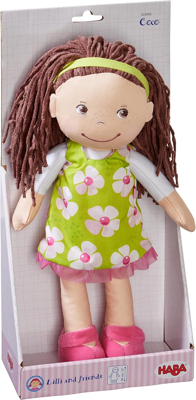 HABA Coco 12" Soft Baby Doll with Brown Hair, Embroidered Face, Removable Green Dress, Matching Headband - Machine Washable Toddler Doll - 18 Months+