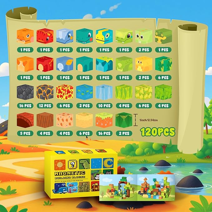 Magnetic Blocks— 120PCS Magnet Toys for Kids, Magnetic Building Blocks Cubes, Montessori Sensory Stacking Magnets, School STEM Toys Birthday Gifts for Boys and Girls Age 3+ Years Old (Dinosaur)