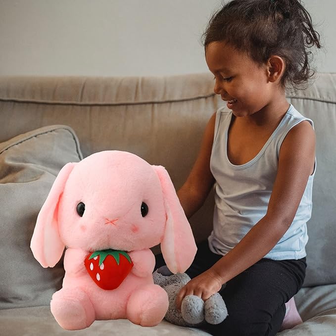 HOUPU Soft Toy - Sitting Lop Eared Rabbit, Easter White Rabbit Stuffed Bunny Animal with Carrot Soft Lovely Realistic Long-Eared Standing Pink Plush Toys (Pink-Strawberry,12.5in/32cm)