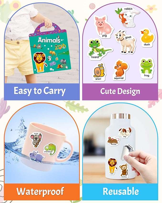 Benresive Reusable Sticker Book for Toddlers 2-4 Years, Fun Travel Stickers for Kids, Waterproof Sticker Books for Toddlers 1-3, Crafts Activities for Toddler 1-3 2-4 3-5 - Animals Zoo