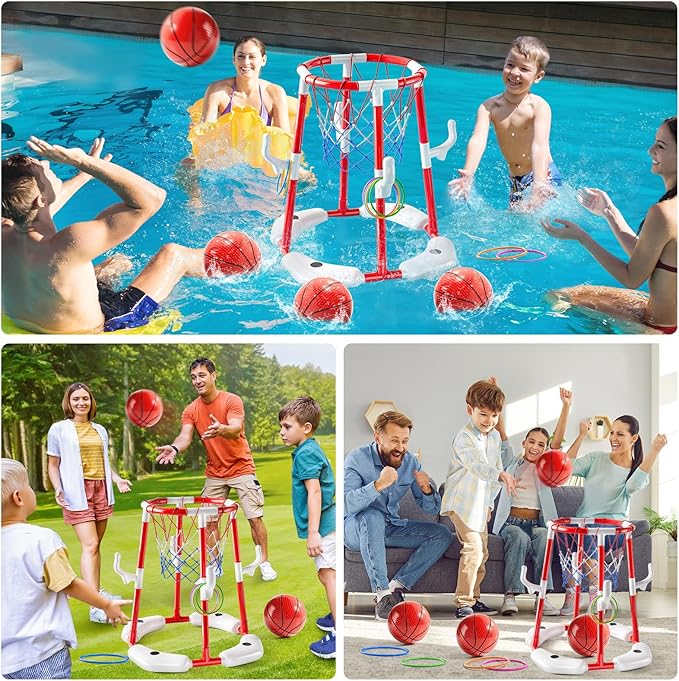 Swimming Pool Basketball Hoop Toy for Kids 2 3 4 5 6 Years Old - Floating Pool Basketball Game Toys with 4 Balls Air-Pump, Outdoor Play, Poolside Summer Water for Boys Girls Age 4-8-12 (Red)