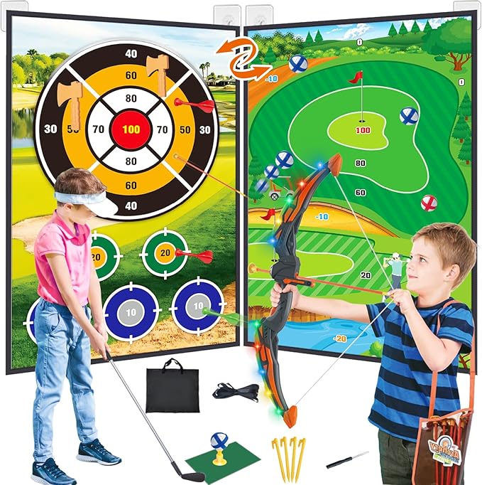 4 in 1 Golf Bow and Arrow Game Mat Set for Kids, Bow and Arrow for Kids with Target, Indoor Golf Games Chipping, Golf Club, 20 Sticky Balls, Toy Bow, 6 Felt Arrows,Outdoor Toys