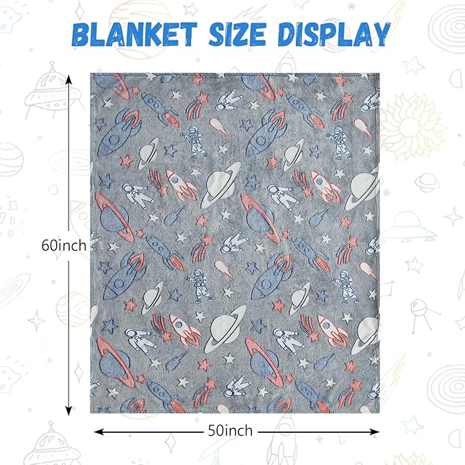 Glow in The Dark Blanket,Space Gifts Toys for Boys Girls, Astronaut Birthday Presents Decor for Kids Age 3-14 Year Old Son Teen Child Toddler Luminous Christmas Bedroom Throw Blanket 50"x60"