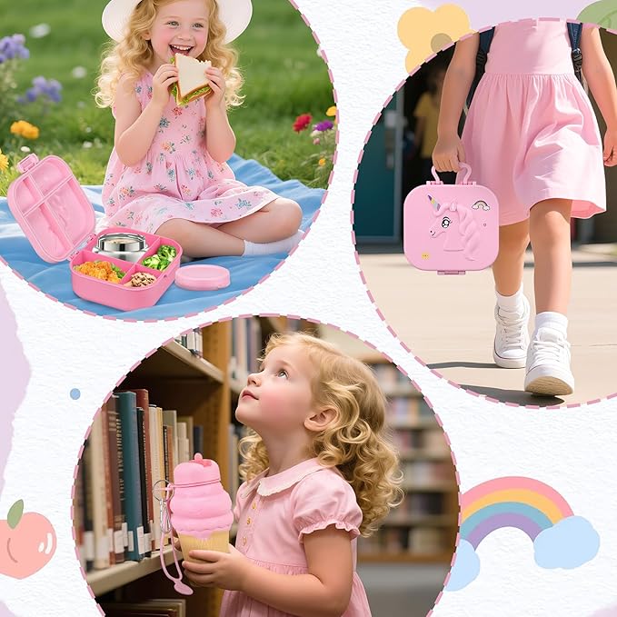 Kids Lunch Box Set -12oz Insulated Food Jar, Thermal Bag,Leakproof Lunch Food Containers Cutlery (BPA Free)-Gift for Girls/Boys Age 3-10(Pink+Pink Jar)