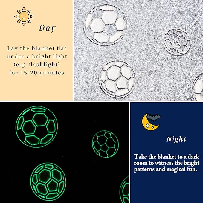 Wajade Soccer Gifts Toys for Boys Girls - Glow in The Dark Soccer Blanket Birthday Christmas Decor for Kids Age 3 4 5 6 7 8 9 10 11 12 Years Old Teens Child Toddler Throw Light Grey 60"x80"