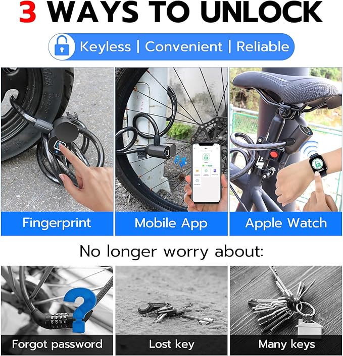 Fingerprint Cable Lock, Anweller 4.9FT Long Heavy Duty Anti Theft Bike Lock, Weatherproof Keyless Electronic Digital Biometric Bluetooth Smart Lock for Bicycle Scooter Lawnmower Skateboard - Blue