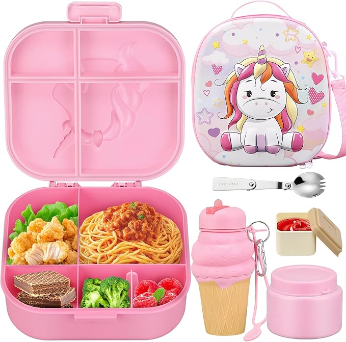 Kids Lunch Box Set -12oz Insulated Food Jar, Thermal Bag,Leakproof Lunch Food Containers Cutlery (BPA Free)-Gift for Girls/Boys Age 3-10(Pink+Pink Jar)