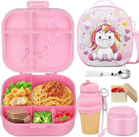 Kids Lunch Box Set -12oz Insulated Food Jar, Thermal Bag,Leakproof Lunch Food Containers Cutlery (BPA Free)-Gift for Girls/Boys Age 3-10(Pink+Pink Jar)