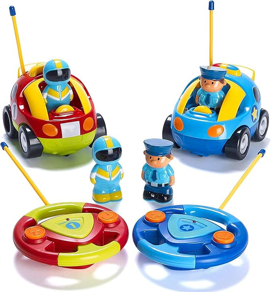 PREXTEX Cartoon Remote Control Car - 2-Pack Police and Race Car Toddler Toys - RC Cars for Kids with Different Frequencies - Easy Remote Control Toy and Thoughtful Gifts for Boys and Girls