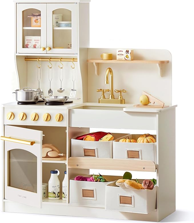 Tiny Land Play Kitchen for Kids, Wooden Toy Kitchen Set with Storage & Accessories, Toddler Kitchen Playset with Stove & Sink, Kids Kitchen Playset Gift for Ages 3-8