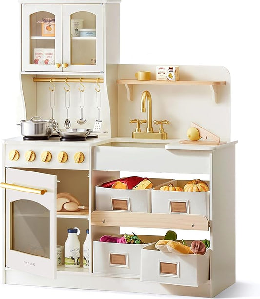 Tiny Land Play Kitchen for Kids, Wooden Toy Kitchen Set with Storage & Accessories, Toddler Kitchen Playset with Stove & Sink, Kids Kitchen Playset Gift for Ages 3-8