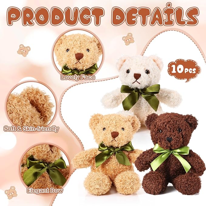 HyDren 6 Pcs Bear Stuffed Animal Plush Toys Soft Plush Dolls Bear Sleeping and Playing Toys for Baby Shower Decoration Boy(Fuzzy Style,White, Brown, Dark Brown)