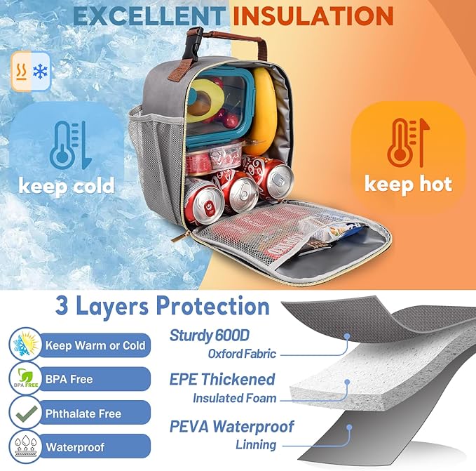 Genteen Lunch Box Reusable Lunch Bag for Men Women Kids Adults,Insulated Lunch Bag Waterproof Lunch Box Cooler,Small LunchBox With Side Pockets for Work Office School Travel Picnic -Gray