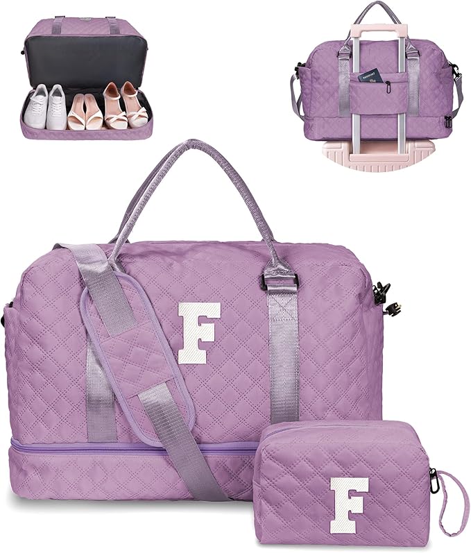 Gifts for Mom-Initial Duffle Bag with Shoe Compartment, Personalized Weekender Bag, Monogram Overnight Bag, Letter Travel Bag with Makeup Bag，Personalized Gifts Idea for Women Her (Letter F)