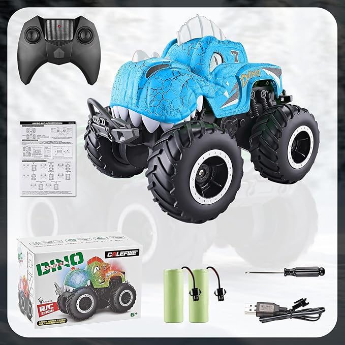 Amphibious Monster Truck Toys, 1:20 Waterproof Dinosaur Monster Trucks for Boys Age 4-7, 2.4GHz All Terrain RC Cars with 2 Batteries, 360° Rotating Stunt RC Car Toy Birthday Gift for Kids 3-5