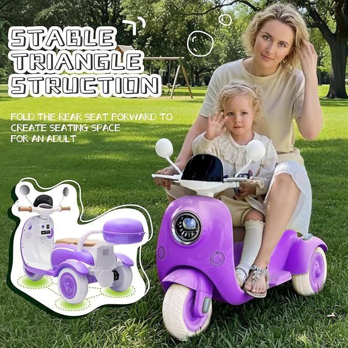 HEIMILI Kids Electric Motorcycle,Electric Scooter for 3 Year Old, Girls Toy, 3-Wheel 12V Ride On Scooter for Kids with Storage Compartments, Motorcycle for Girls (Purple)