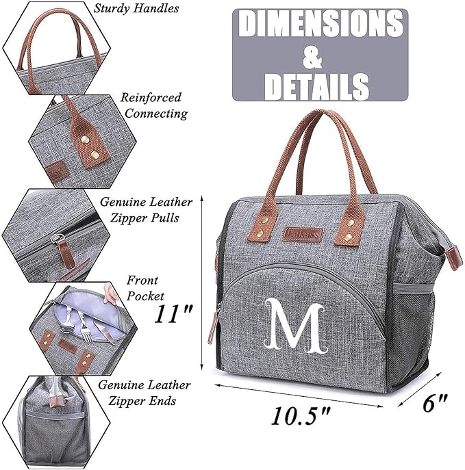Personalized Lunch Box for Women, Initial Reusable Insulated Lunch Bag, Wide-Open Adult Lunchbox Cooler Lunchbag, Leakproof Lunch Tote for Picnic Work Outdoors, Christmas Gift for Women, Grey - A