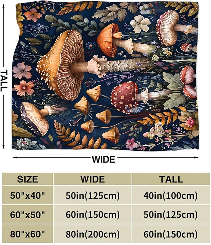 Mushroom Throw Blanket - Soft, Warm & Cozy Fleece for Couch, Sofa, Bed - 50"x40"