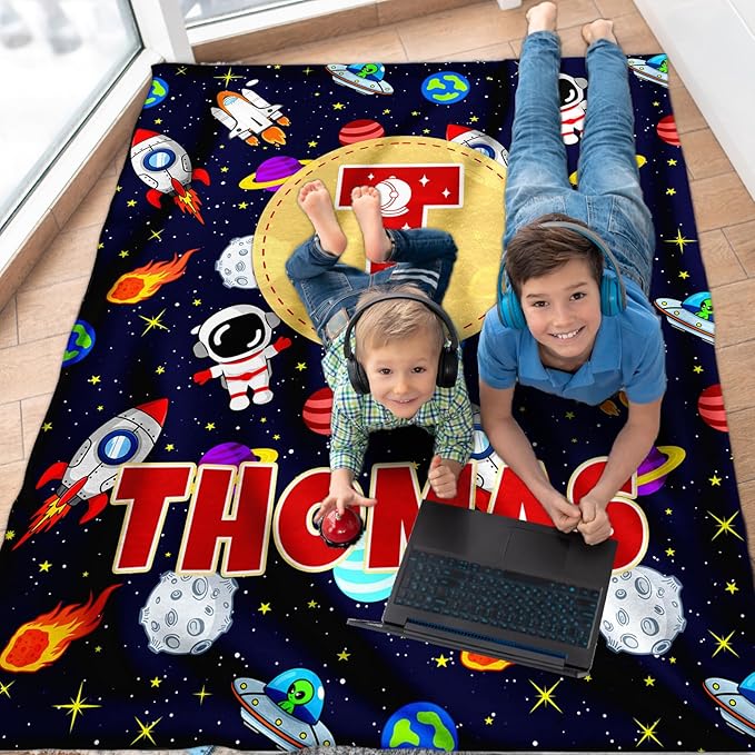 Personalized Blanket Gifts for Kids Boys, Custom Planet Throw Blanket with Initial Letter Soft Cozy Fuzzy Bed Throws, 4 Sizes Optional Kids Blankets for Couch Sofa Bed