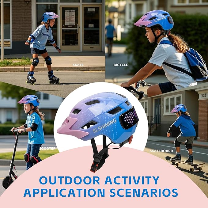 Kids Bike Helmet for Boys Girls: Helmets for Children and Adolescents 5-14 Years Old，64-Pattern LED Light Adjustable Kid Helmet Multi-Sport Protection