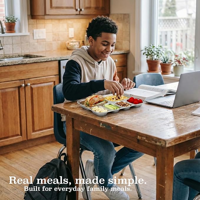 Korean Stainless Steel Divided Plates, Food Grade 304 Tray for Kids, Teens, Adults, Picky Eaters, BPA Free, 6 Sections, Diet Portion Control, Serving Platter, Dinner Snack, Set of 2