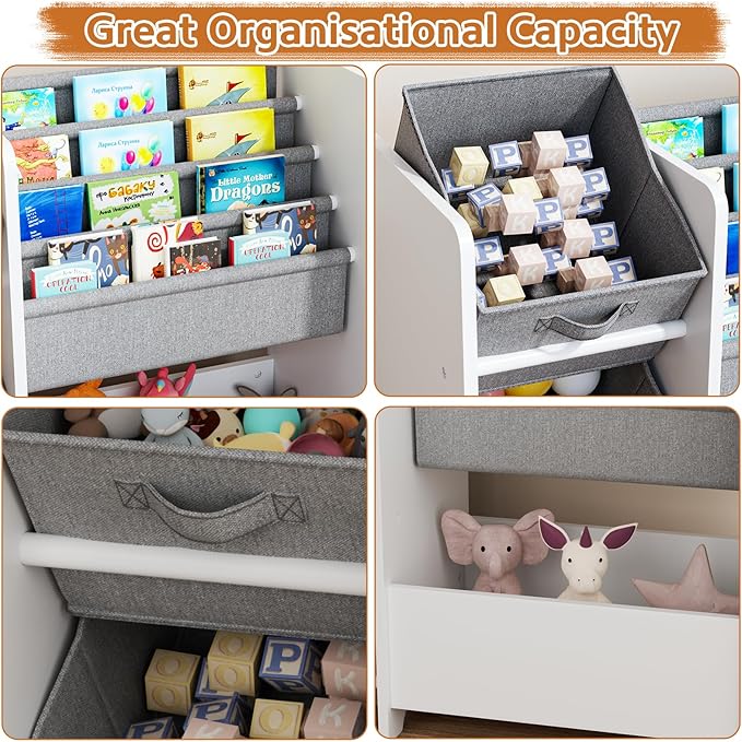 Kids Bookshelf & Toy Storage Organizer, Wooden Montessori Bookcase with Front-Facing Display Shelves and Fabric Bins, Toddler Book Shelf for Playroom, Bedroom & Small Spaces – White